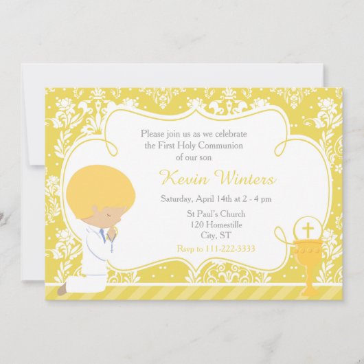 Invitation Blonde Boy Première Communion Damask (Devant)