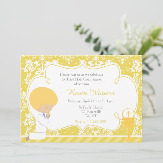 Invitation Blonde Boy Première Communion Damask (Debout devant)