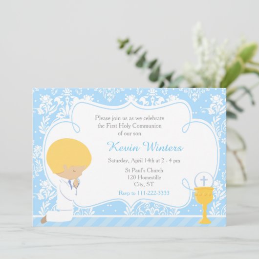 Invitation Blonde Boy Première Communion Damask (Debout devant)