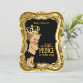 Invitation Blonde Boy Prince Baby shower Black Gold (Debout devant)