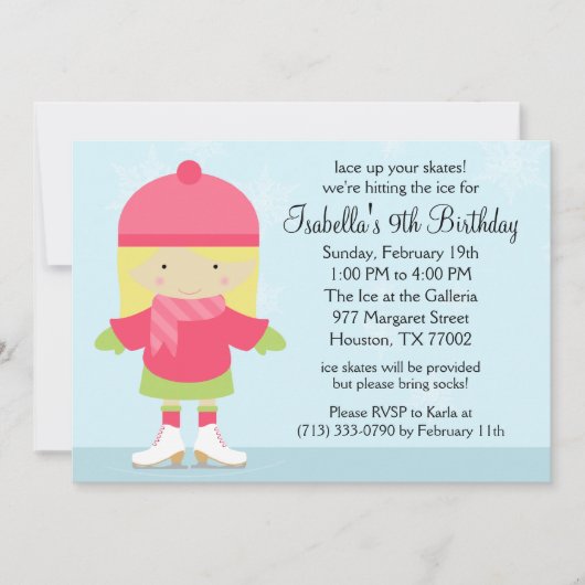 Invitation Blonde Caucasion Patinage sur glace Anniversaire (Devant)