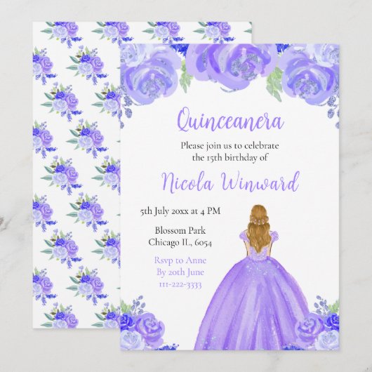 Invitation Blonde Cheveux Princesse Florale Violet Quinceaner (Devant / Derrière)