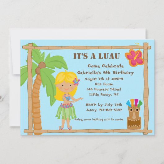 Invitation blonde d'anniversaire de Luau de fille (Devant)