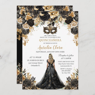 Invitation Blonde d'or noir Masquerade Quinceañera