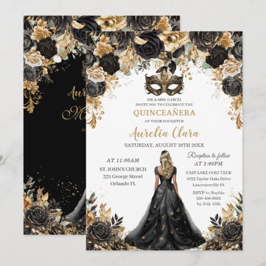 Invitation Blonde d'or noir Masquerade Quinceañera (Devant / Derrière)