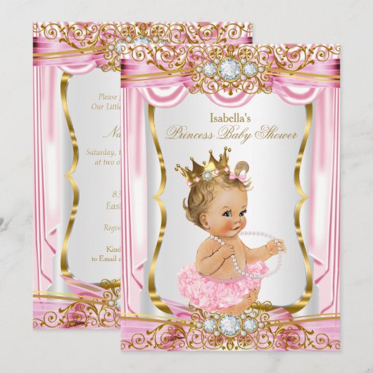 Invitation Blonde fille princesse Baby shower rose soie or (Devant / Derrière)