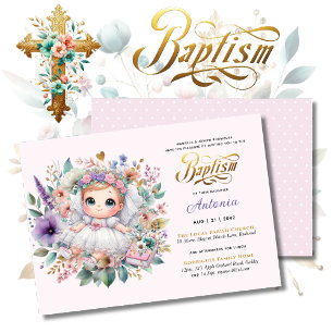 Invitation Blonde Girl's BAPTISM Purple Gold Floral Cross