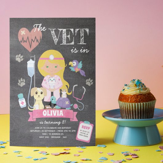 Invitation Blonde Green Eyed Chalkboard Vet Anniversaire