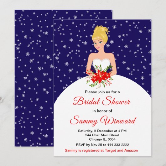 Invitation Blonde Hair Bride Snowflake Navy Fête des mariées (Devant / Derrière)
