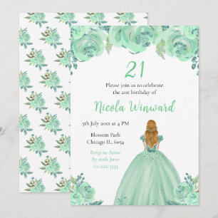 Invitation Blonde Hair Princess Mint Floral Anniversaire