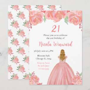 Invitation Blonde Hair Princess Pink Floral fête d'anniversai