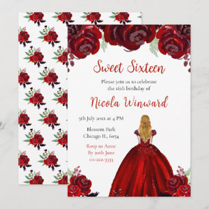 Invitation Blonde Hair Princess Red Floral Sweet sixteen