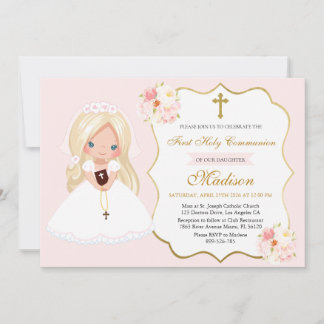Invitation Blonde haired Girl First Communion Soft Pink