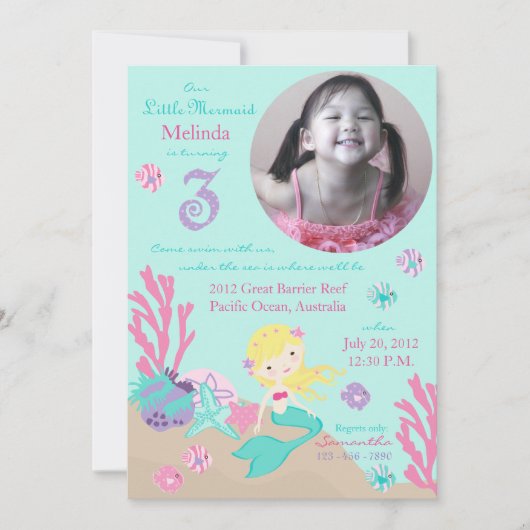 Invitation Blonde Mermaid Troisième anniversaire (Devant)