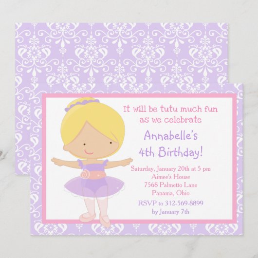 Invitation Blonde mignonne Ballerina et pourpre Damask (Devant / Derrière)