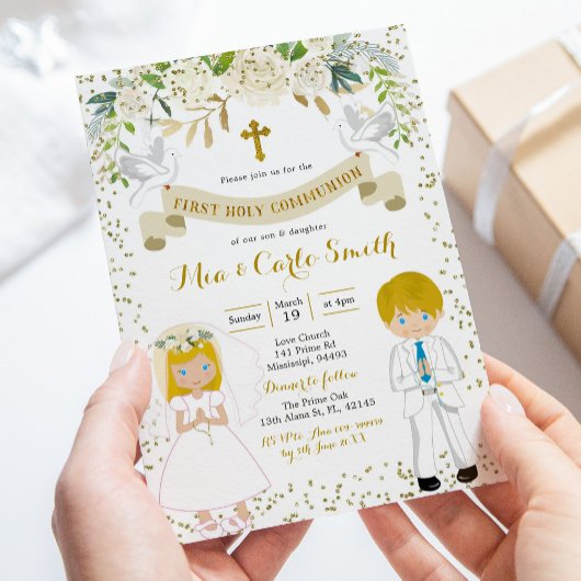 Invitation Blonde Twin Boy and Girl First Holy Communion