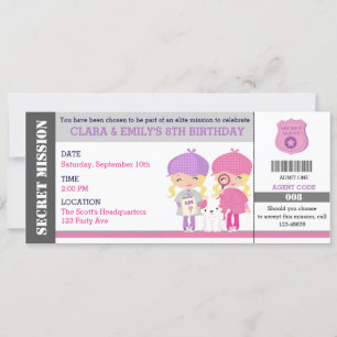 Invitation Blonde Twins Girls Spy / Detective Ticket Annivers