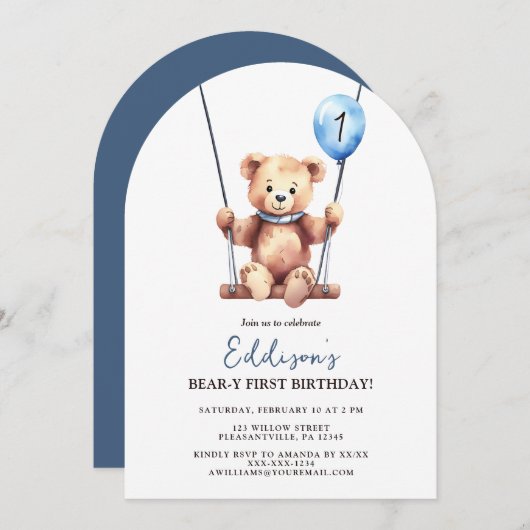 Invitation Blondon bleu mignon Ours en Teddy Premier annivers (Devant / Derrière)