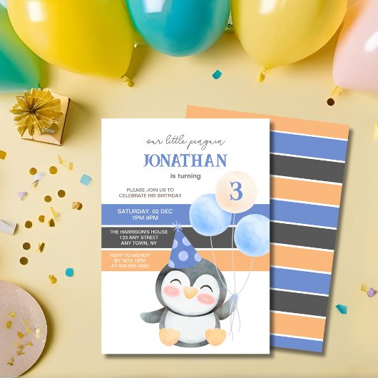 Invitation Blondon de pingouin mignon Anniversaire