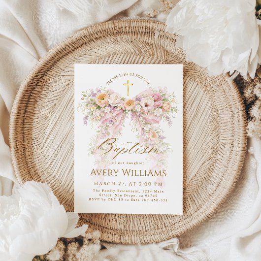 Invitation Bloom Floral Bow Girl Baptism