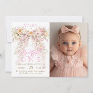 Invitation Bloom Floral Bow Girl Photo First Birthday