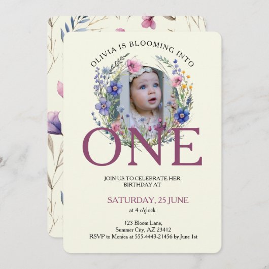 Invitation Bloomin en un Fleur sauvage Photo 1er anniversaire (Devant / Derrière)
