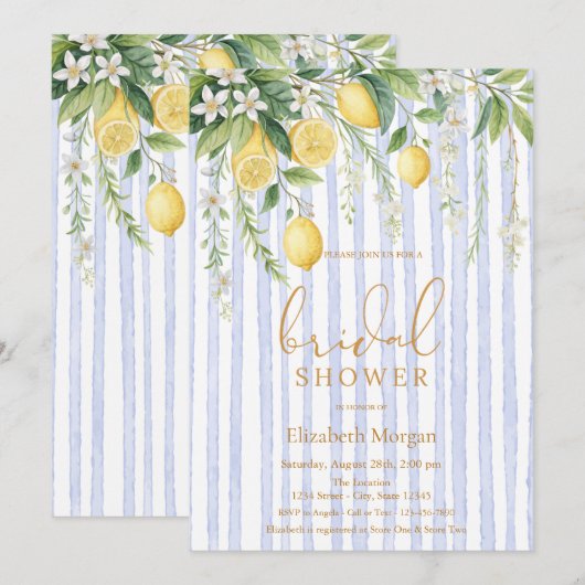 Invitation  Blooming Lemons Blue Striped Bridal Shower (Devant / Derrière)