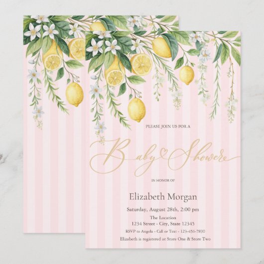 Invitation  Blooming Lemons Pink Striped Baby Shower (Devant / Derrière)