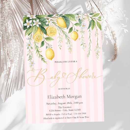Invitation  Blooming Lemons Pink Striped Baby Shower