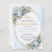 Invitation Blooming Pastel Blue Gold Eucalyptus Quinceañera  (Devant)