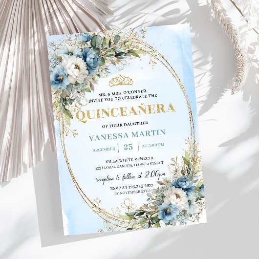 Invitation Blooming Pastel Blue Gold Eucalyptus Quinceañera 