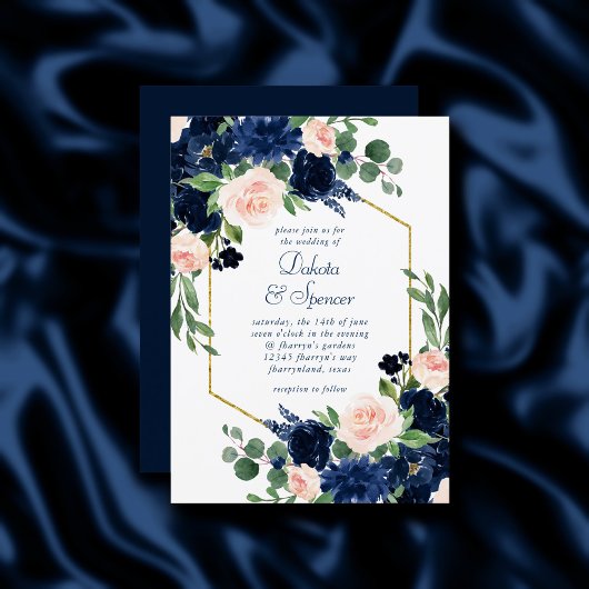 Invitation Blooms Chics | Cadre bleu marine et or rose