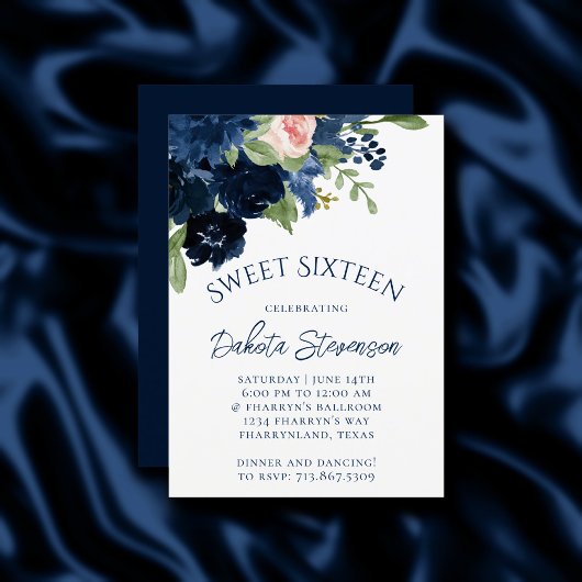 Invitation Blooms Chics | Floral bleu marine et rose pâle