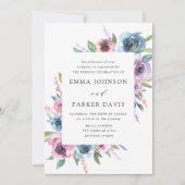 Invitation Blooms de minuit | Mariage floral pourpre et bleu (Devant)
