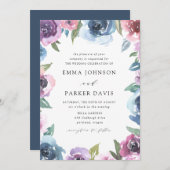Invitation Blooms de minuit | Mariage floral pourpre et bleu (Devant / Derrière)