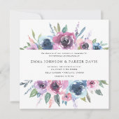 Invitation Blooms de minuit | Mariage floral pourpre et bleu (Devant)