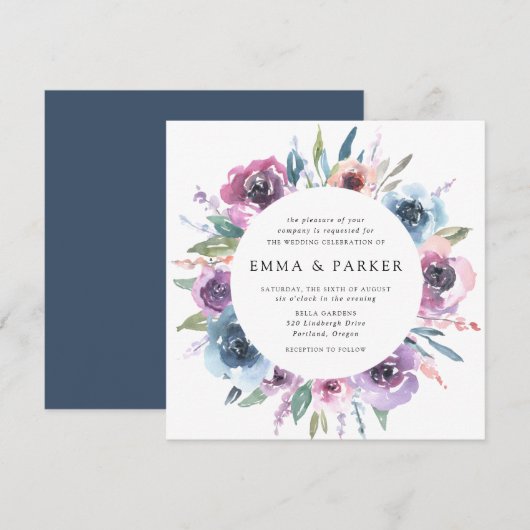 Invitation Blooms de minuit | Mariage floral pourpre et bleu (Devant / Derrière)