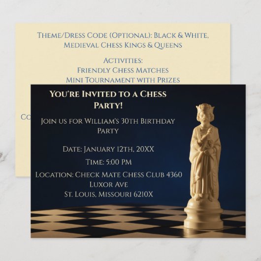 Invitation Blue 30th Birthday Party Chess King (Devant / Derrière)