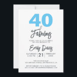 Invitation Blue 40 et fabuleux | Fête du 40e anniversaire<br><div class="desc">Une invitation photo chic,  élégante,  40e anniversaire que vous pouvez personnaliser et envoyer pour votre fête de quarantième anniversaire. Les mots "40 and Fabulous" en noir et bleu sont mis en utilisant la calligraphie élégante et la typographie moderne. Conçu exclusivement pour vous par Happy Dolphin Studio ! @happydolphinstudio</div>