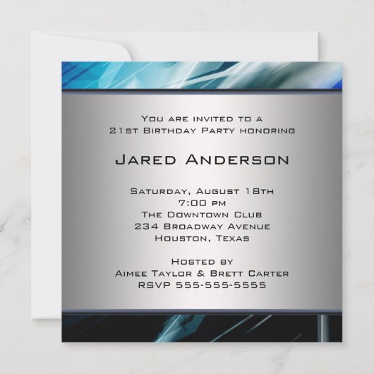 Invitation Blue Abstrait Mans 21e fête d'anniversaire (Dos)