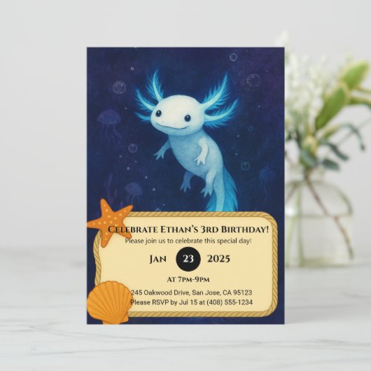 Invitation Blue Abyss Axolotl Anniversaire (Debout devant)