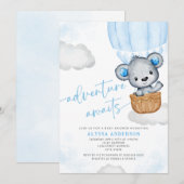 Invitation Blue Adventure Attend Bear Balloon Baby shower gar (Devant / Derrière)