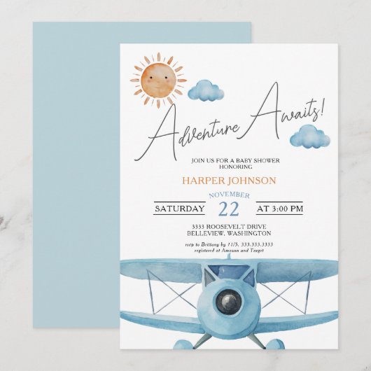 Invitation Blue Adventure Attend le Baby shower d'avion (Devant / Derrière)