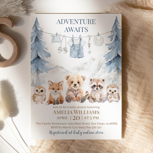 Invitation Blue Adventure Awaits Woodland Baby Shower