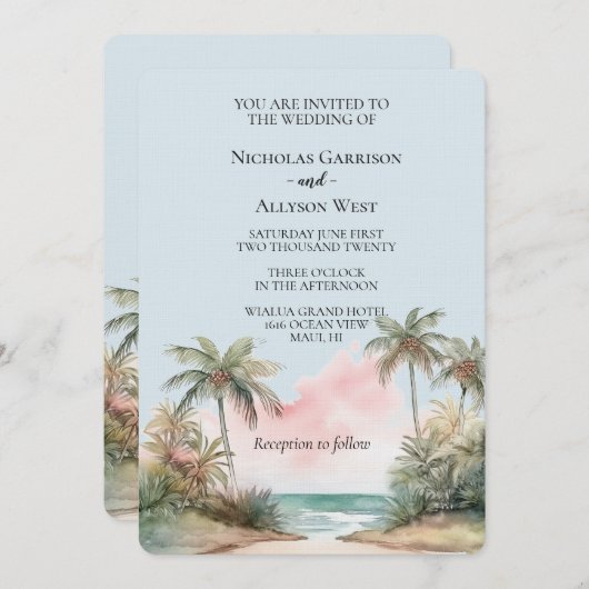 Invitation Blue Aloha Plage tropicale Palm Trees Mariage (Devant / Derrière)