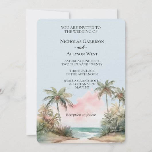 Invitation Blue Aloha Plage tropicale Palm Trees Mariage (Devant)