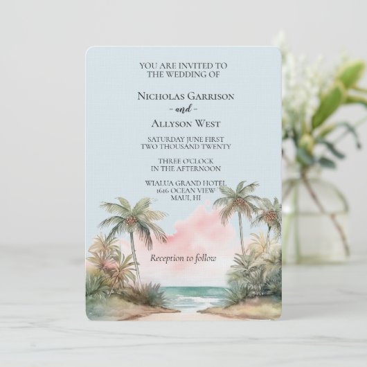 Invitation Blue Aloha Plage tropicale Palm Trees Mariage (Debout devant)