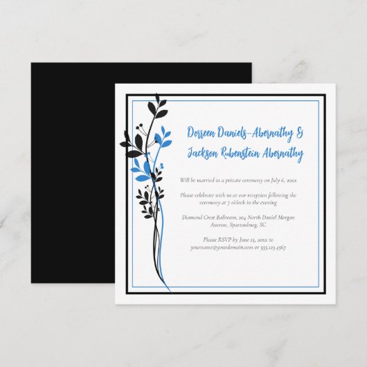 Invitation Blue and Black Modern Botanical Reception Only | (Devant / Derrière)