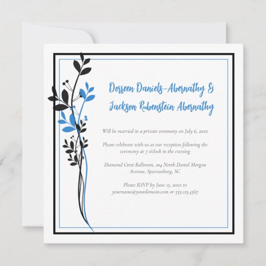 Invitation Blue and Black Modern Botanical Reception Only | (Devant)