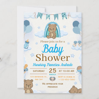 Invitation blue and brown watercolor illustration baby shower